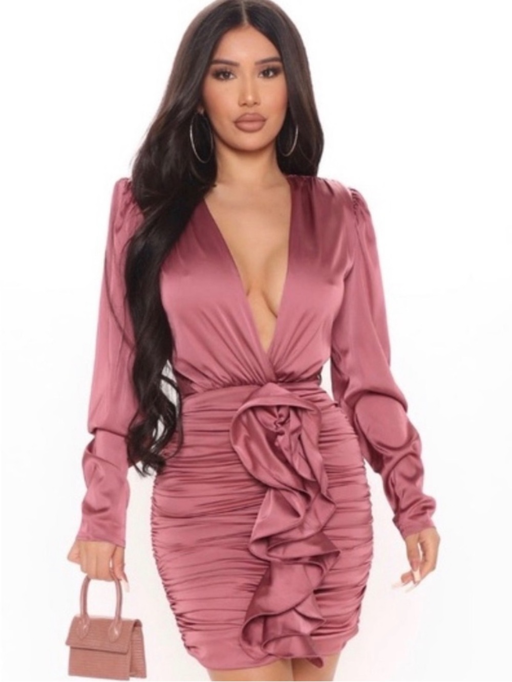 Fashion Nova Mauve Satin Deep-V Ruffle Ruched Mini Dress